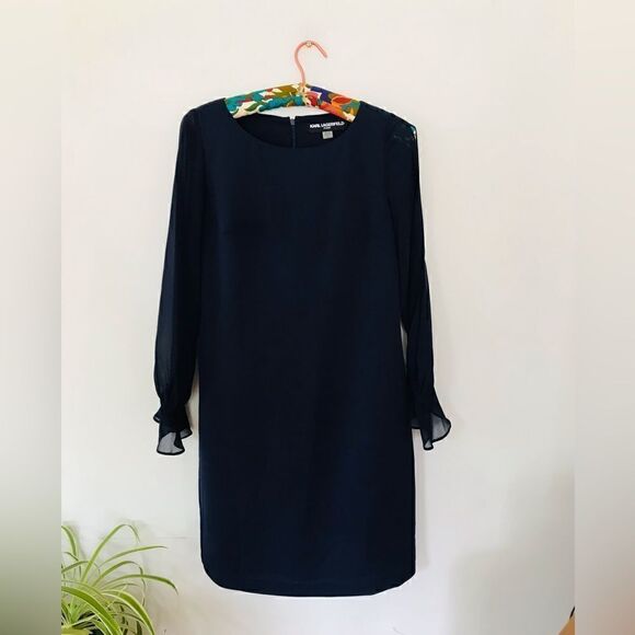 Karl Lagerfeld Paris | Navy Chiffon Sleeve crepe sheath dress | size 4 - Picture 1 of 10